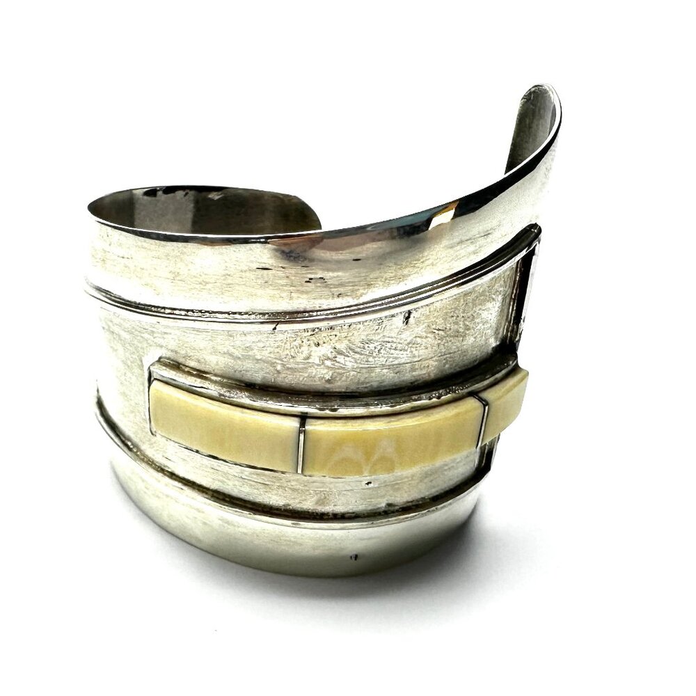 Vintage 1960s J. Woolsey Sterling Silver Cuff Bracelet with Bone Inlay — GUC - Picture 1 of 10